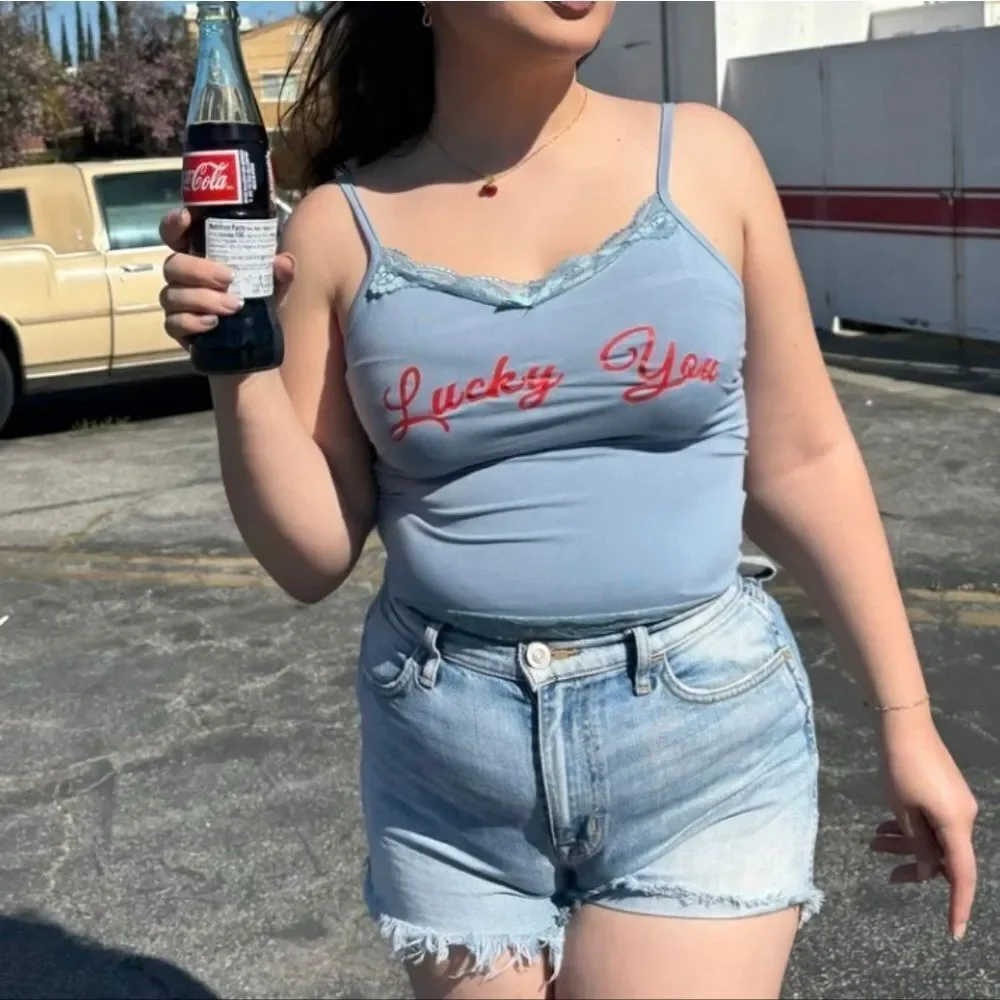 Virghoes Powder Blue Lacy Cami with red text printed Lucky You